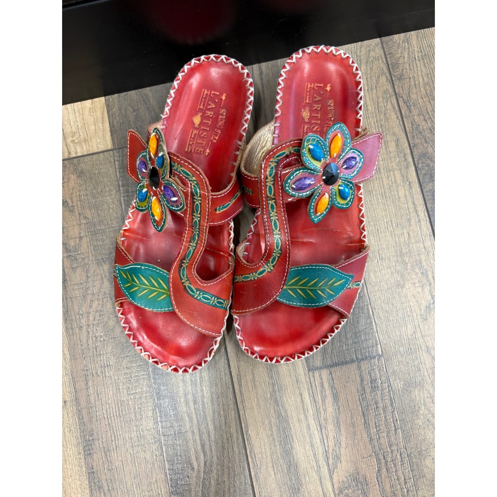 L'Artiste Spring Step Red Leather Floral Cabochon Slide Sandals Womens 9 EU 40
